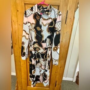 Shein Equestrian Designer-Look Barbiecore Patterned Dress Long Sleeve Size Large